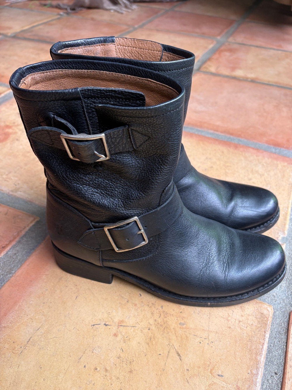 Frye Black Leather Double-Buckle Moto Boots, Size 8